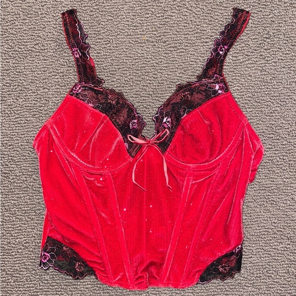 Victoria's Secret Other - sexy sparkle red velour corset top with floral black lace